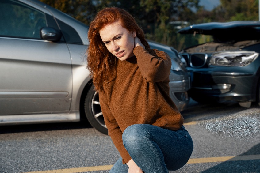 girl crouched down in pain holding her neck in front of two wrecked cars from auto accident